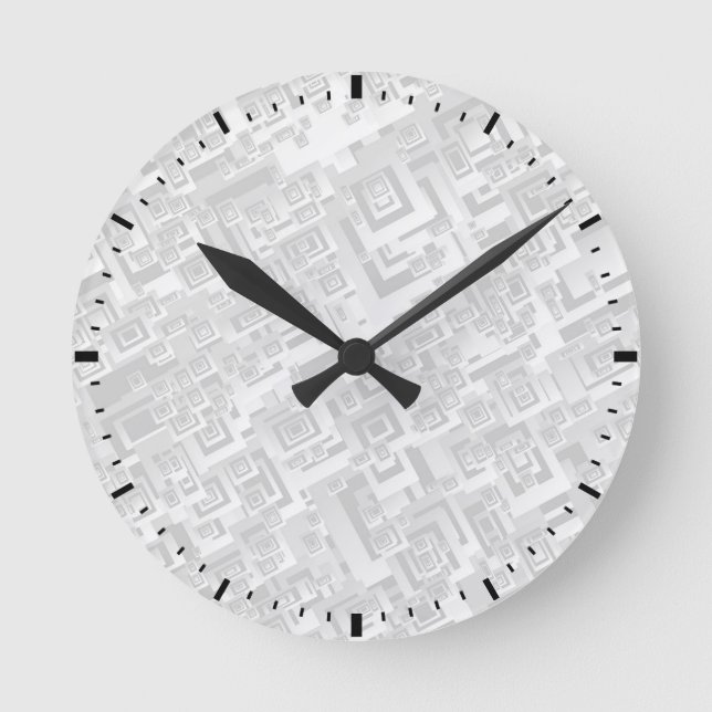 Weißes und graues Retro quadratisches Muster auf Runde Wanduhr (Vorderseite)