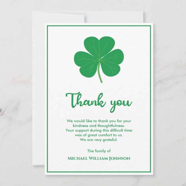 Weißes und grünes Kleeblatt Clover Irish Beerdigun Dankeskarte (Vorderseite)