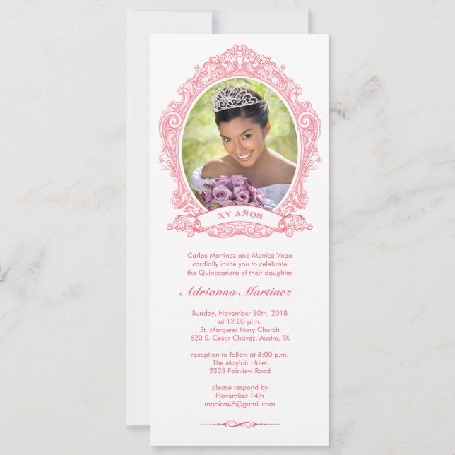 Weißes und heißes Rosa Quinceanera Einladung (Vorderseite)