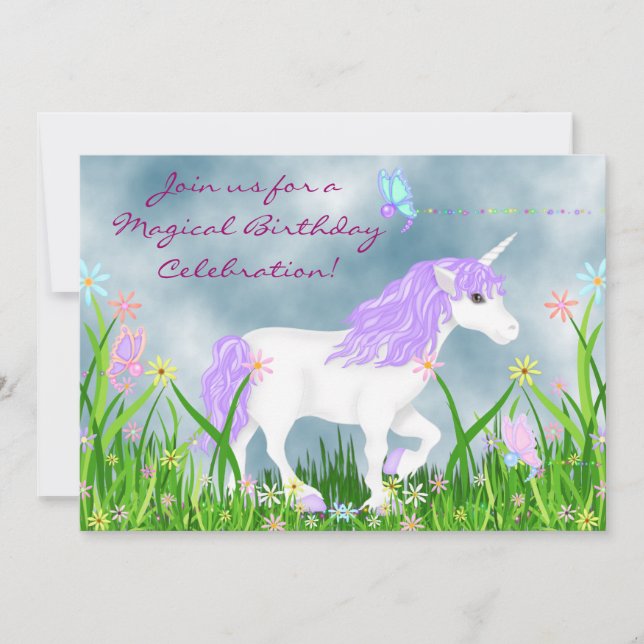 Weißes und Lila Einhorn mit Schmetterlingen Geburt Einladung (Vorderseite)