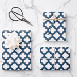Weißes und marineblaues Gitter, Gitterwerk, Vierpa Geschenkpapier Set