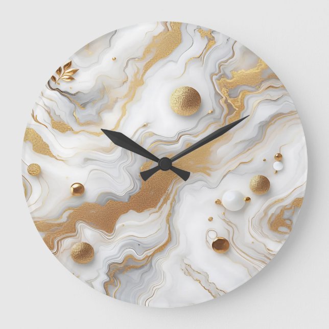 Weißes und mattes goldfarbenes Marmordesign Große Wanduhr (Vorderseite)