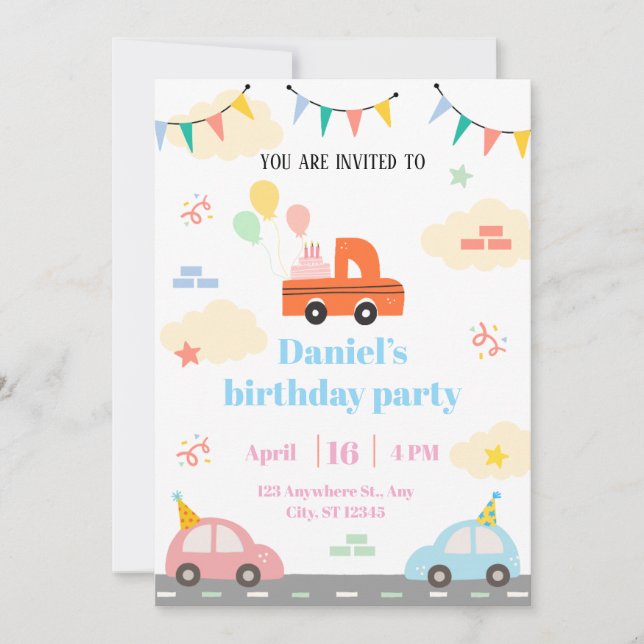 Weißes und orangefarbenes Illustrationsspielzeug Einladung (Vorderseite)