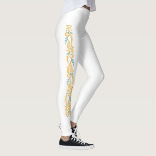 Weißes und oranges Damast-Schriftrollen-Blumenmust Leggings