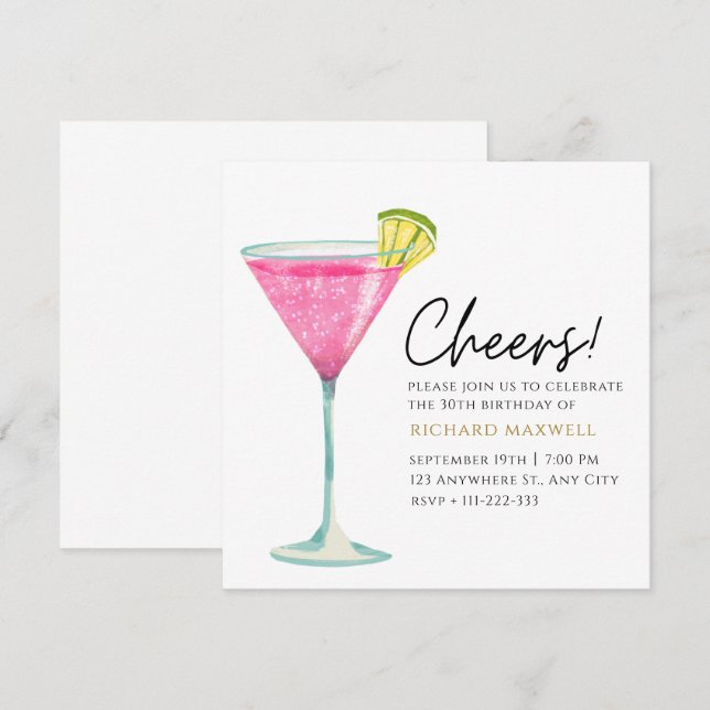 Weißes und rosafarbenes elegantes Cocktail Party G Einladung (Vorne/Hinten)