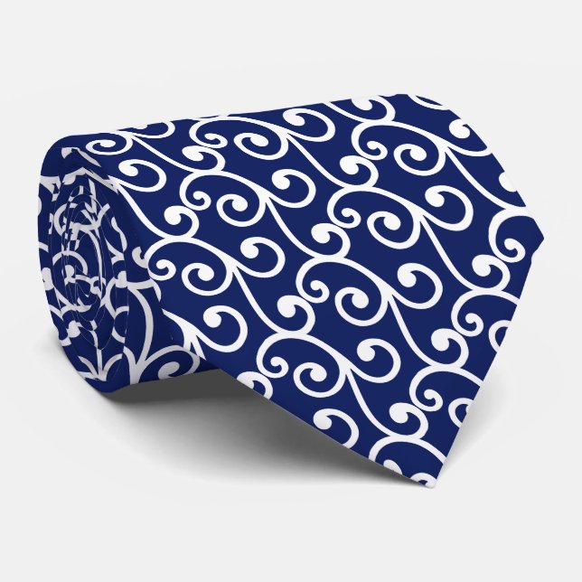 Weißes Vector-Muster auf Navy Blue Krawatte (Gerollt)