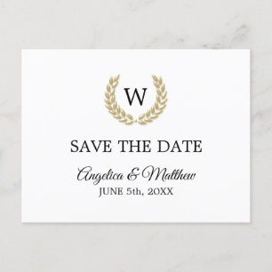 Weißes Wedding Goldlorbeer-Monogramm SAVE THE DATE Ankündigungspostkarte