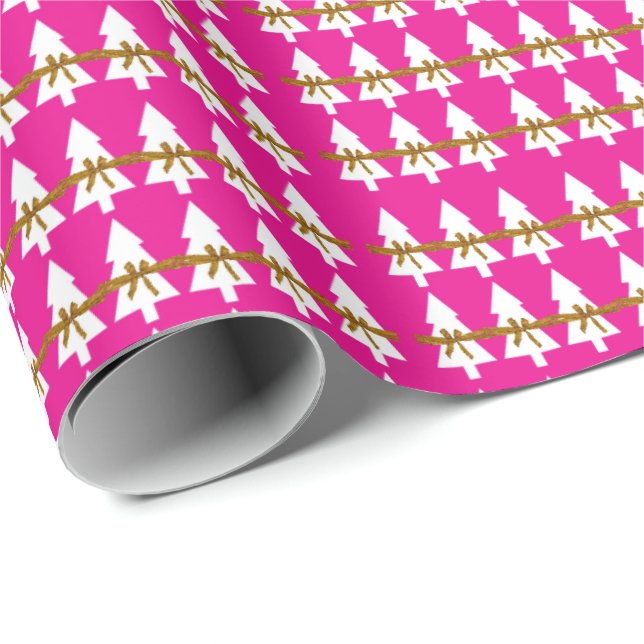 Weißes Weihnachtsbaum Wrapping Paper Hot Pink Geschenkpapier (Rolleneckpunkt)