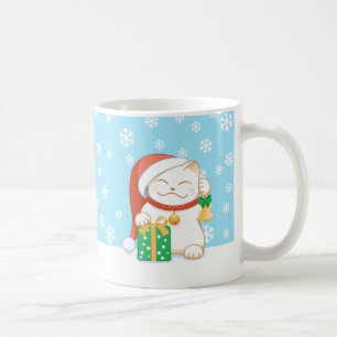 Weißes Weihnachtskatze in Red Hat Kaffeetasse