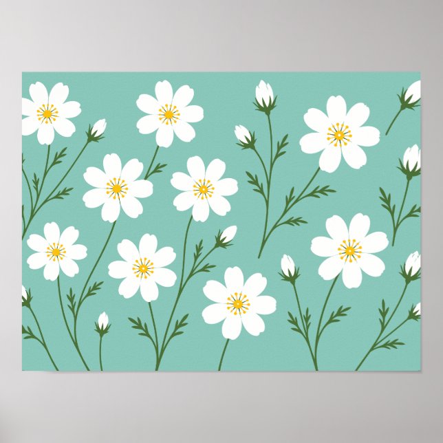 Weißes Wildblumen-Botanikmuster Poster (Vorne)