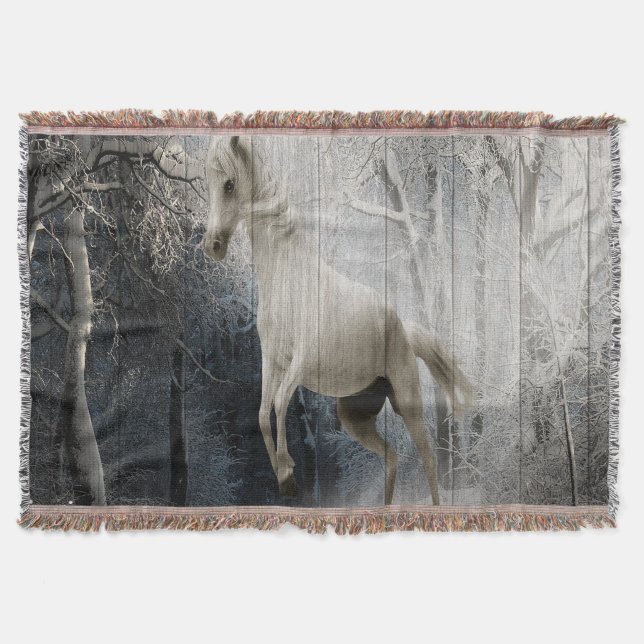 Weißes Winterpferd im Bergwald Decke (Vorderseite)