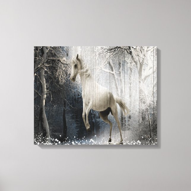 Weißes Winterpferd im Bergwald Leinwanddruck (Vorderseite)