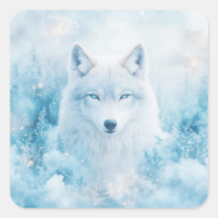 Weißes Wolfporträt mit blauen Augen im schneebedec Quadratischer Aufkleber