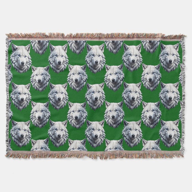 Weißes Wolfskopf-Musterdesign Grün Decke (Vorderseite)