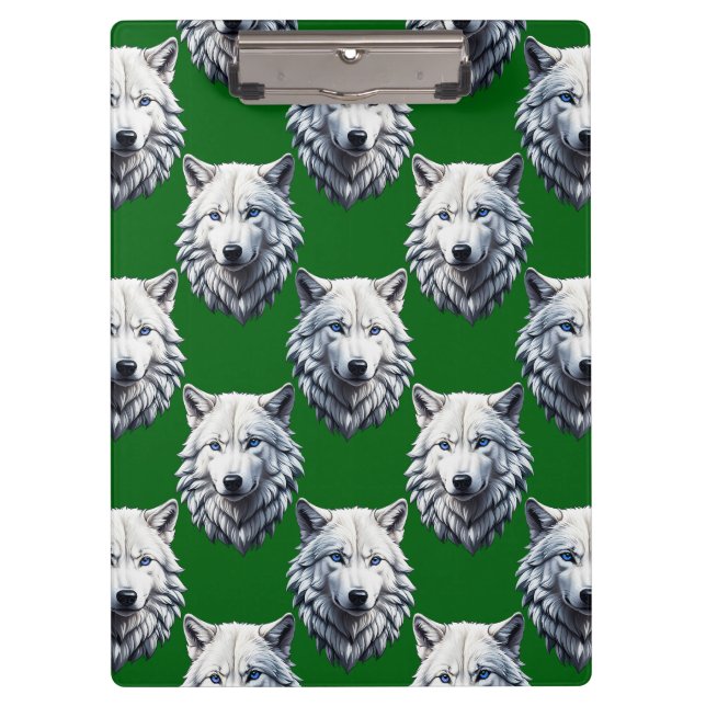 Weißes Wolfskopf-Musterdesign Grün Klemmbrett (Vorderseite)