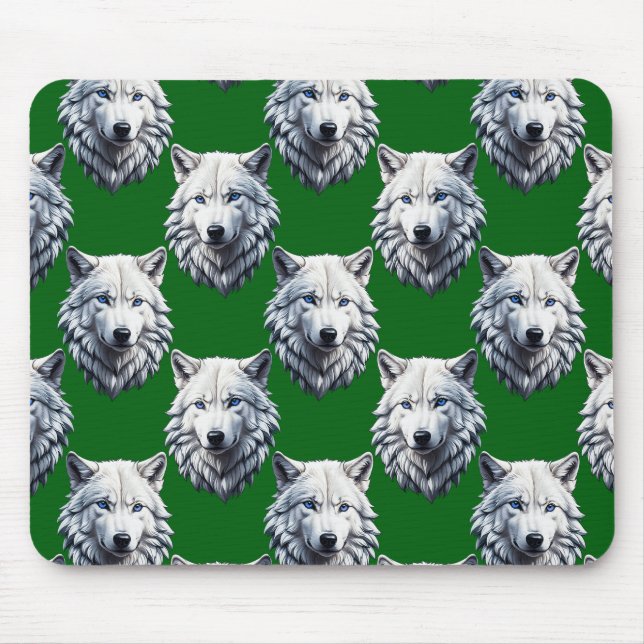 Weißes Wolfskopf-Musterdesign Grün  Mousepad (Vorne)