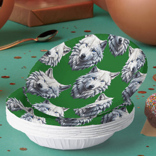 Weißes Wolfskopf-Musterdesign Grün Pappteller