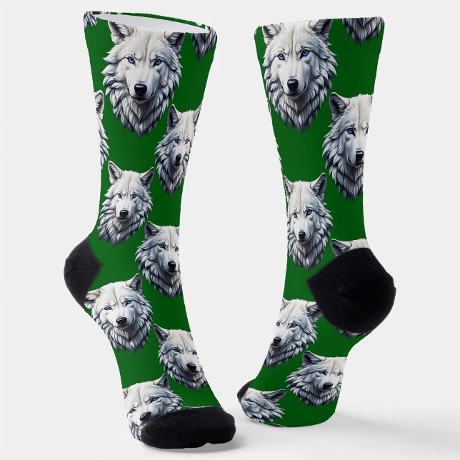 Weißes Wolfskopf-Musterdesign Grün Socken (Von Creator hochgeladen)