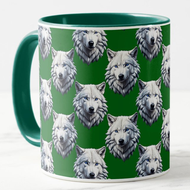 Weißes Wolfskopf-Musterdesign Grün Tasse (Von Creator hochgeladen)