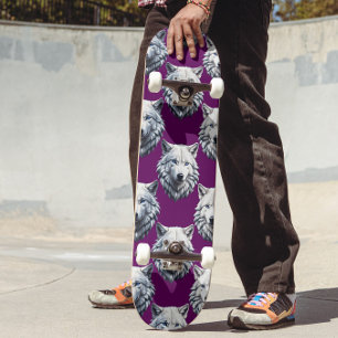 Weißes Wolfskopf-Musterdesign lila Skateboard