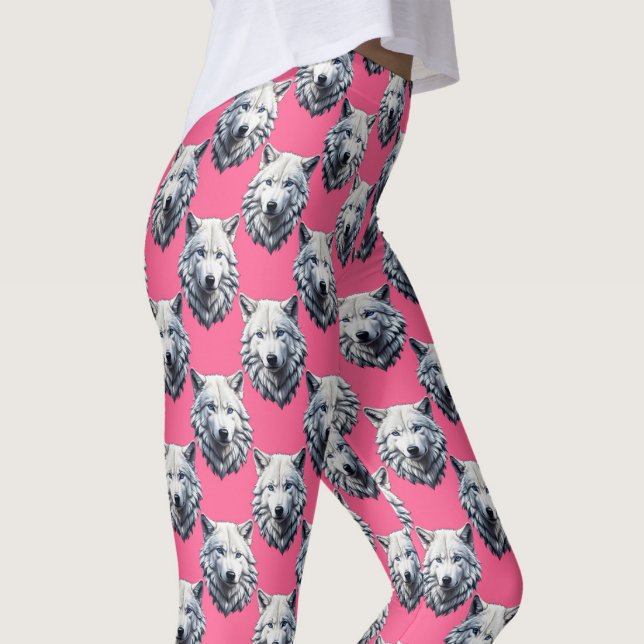 Weißes Wolfskopf-Musterdesign Rosa  Leggings (Von Creator hochgeladen)