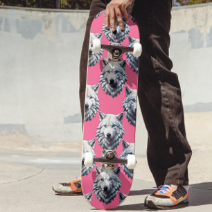 Weißes Wolfskopf-Musterdesign Rosa Skateboard