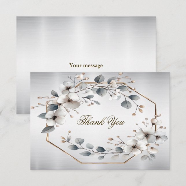 Weißfarbene Blume Golden Frame Silber Aquamarin Dankeskarte (Vorne/Hinten)