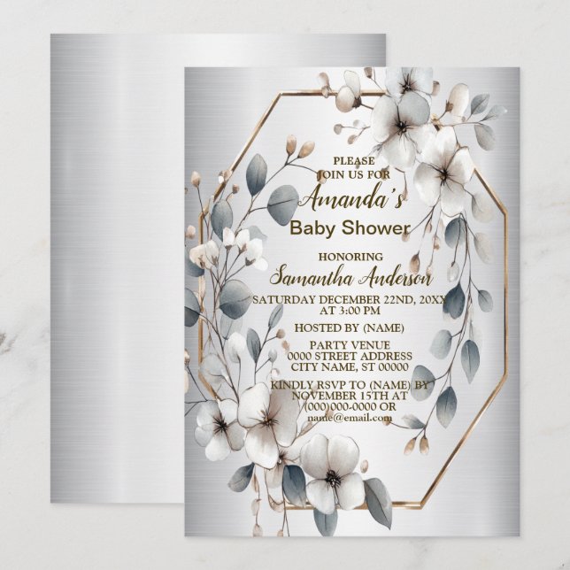 Weißfarbene Blume Golden Frame Silber Aquamarin Einladung (Vorne/Hinten)