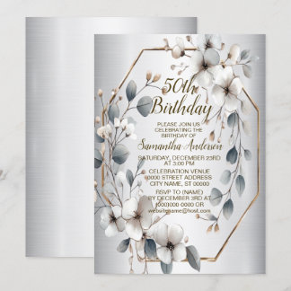 Weißfarbene Blume Golden Frame Silber Aquamarin Einladung