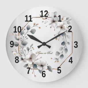 Weißfarbene Blume Golden Frame Silber Aquamarin Große Wanduhr