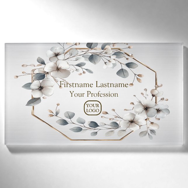 Weißfarbene Blume Golden Frame Silber Aquamarin Namenschild (Vorderseite)