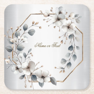 Weißfarbene Blume Golden Frame Silber Aquamarin Rechteckiger Pappuntersetzer