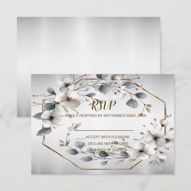 Weißfarbene Blume Golden Frame Silber Aquamarin RSVP Karte (Vorne/Hinten)