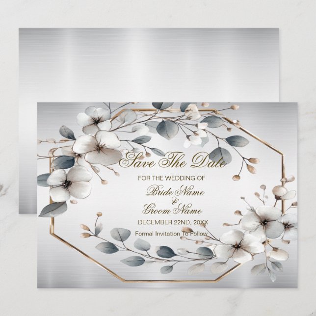 Weißfarbene Blume Golden Frame Silber Aquamarin Save The Date (Vorne/Hinten)