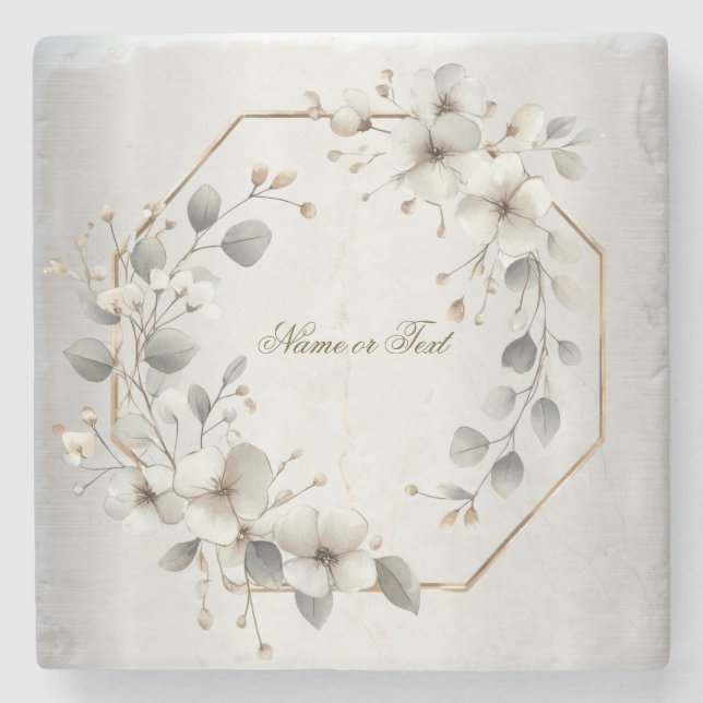 Weißfarbene Blume Golden Frame Silber Aquamarin Steinuntersetzer (Vorderseite)
