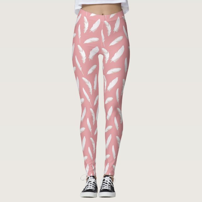 Weißfederdruck auf Muschel Rosa Leggings (Vorderseite)