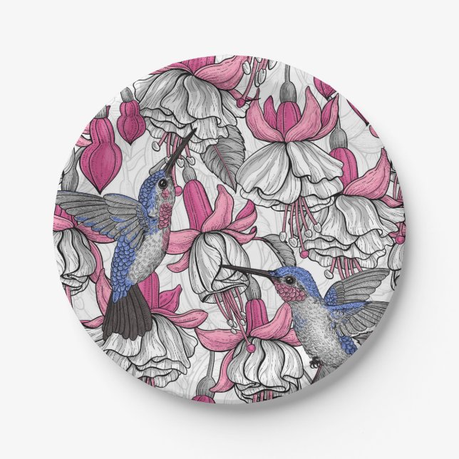 Weißfuchsien und Kolibris Pappteller (Vorderseite)