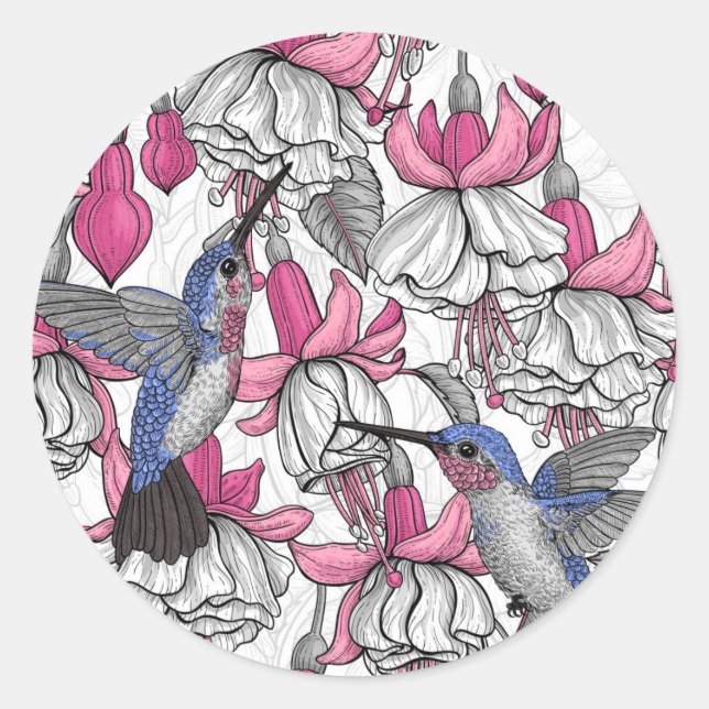 Weißfuchsien und Kolibris Runder Aufkleber (Vorderseite)