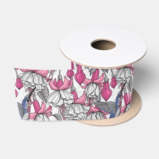 Weißfuchsien und Kolibris Satinband (Spule)