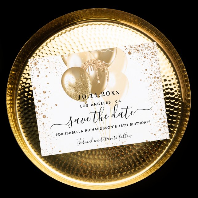 Weißgoldballons zum Geburtstag Save the Date Ankündigungspostkarte (Von Creator hochgeladen)
