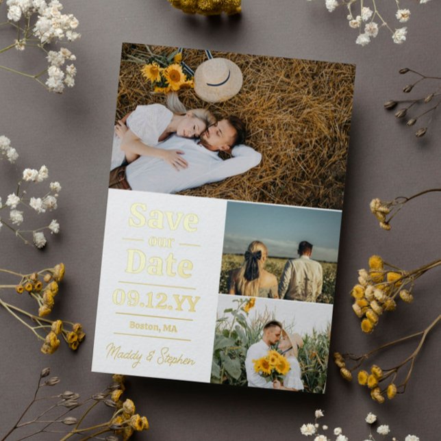 Weißgoldtypografie-FotoCollage Save the Date Folieneinladung (Von Creator hochgeladen)