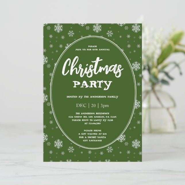 Weißgrüne Schneeflocken Modernes Weihnachtsfest-Pa Einladung (Stehend Vorderseite)