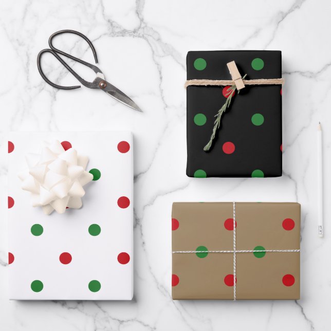 Weißgrüne, weiße, schwarze Kraftseilpolka-Punkte Geschenkpapier Set (Vorderseite)