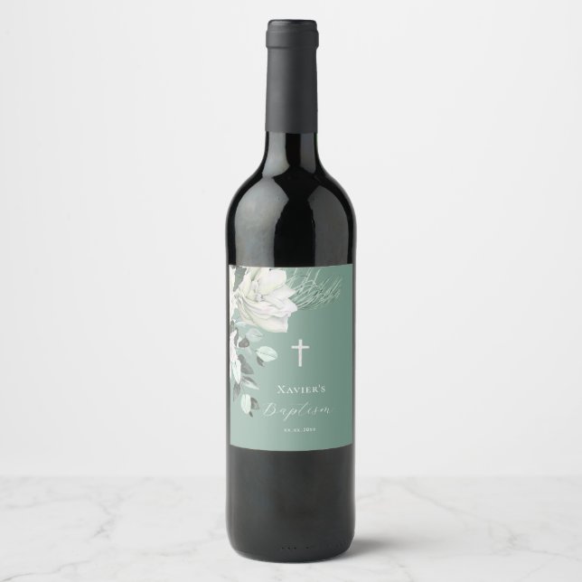 Weißgrüner Bouquet Taufe Weinetikett (Vorderseite)