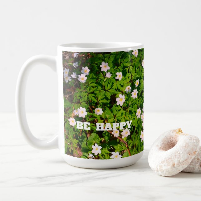 Weißholz Anemone Frühlingsblumen glücklich sein Kaffeetasse (Mit Donut)