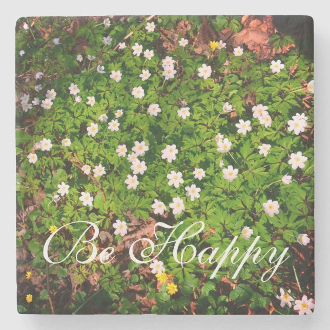 Weißholz Anemone Frühlingsblumen glücklich sein Steinuntersetzer (Vorderseite)