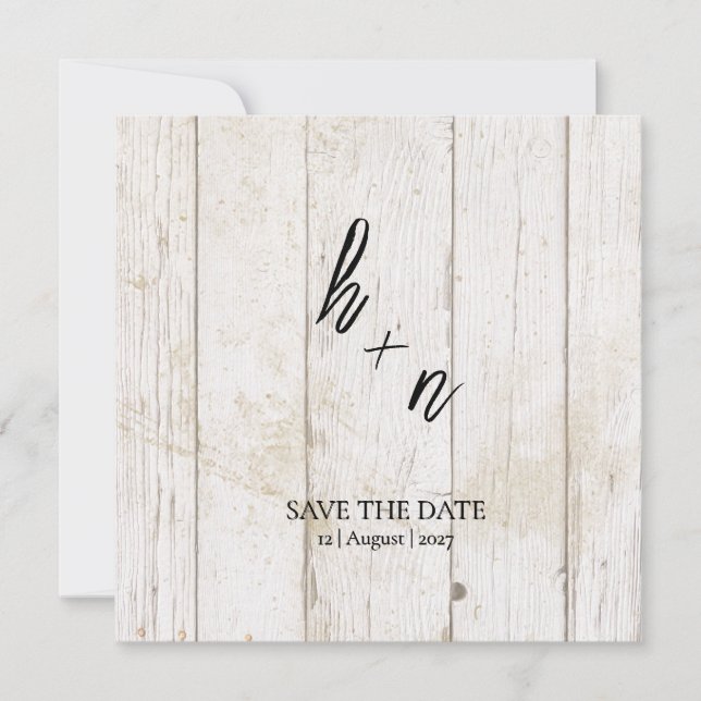 Weißholz Save the Date Minimalistische Initialen (Vorderseite)