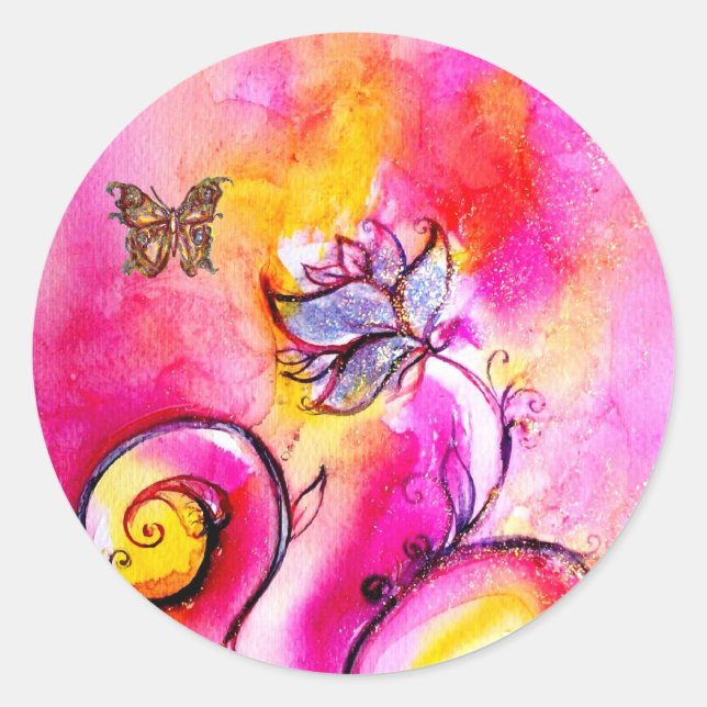 WEISSISCHE BLUME UND GOLDSCHALTFLÄCHE RUNDER AUFKLEBER (Vorderseite)