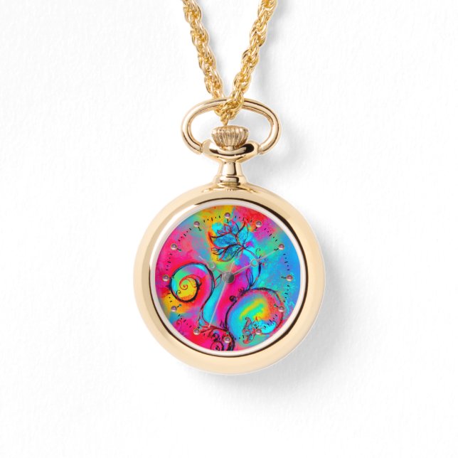 WEISSKALISCHE BLUME aquamarin-blau-rosa-gelb Armbanduhr (Vorderseite)