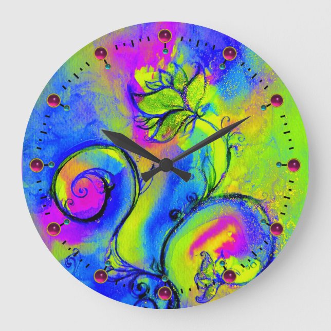 WEISSKALISCHE BLUME rosa-gelb-blau Große Wanduhr (Vorderseite)